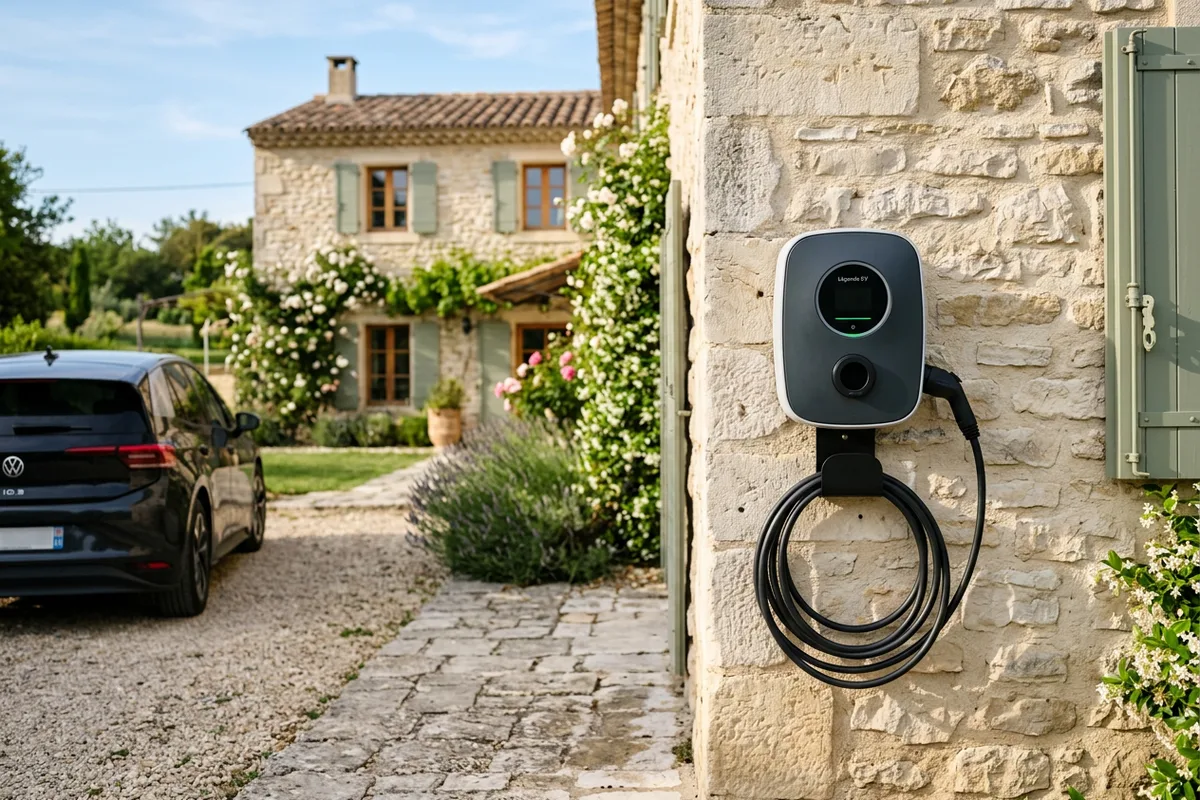 Résultat final d'une installation borne de recharge sur façade extérieure à Isle