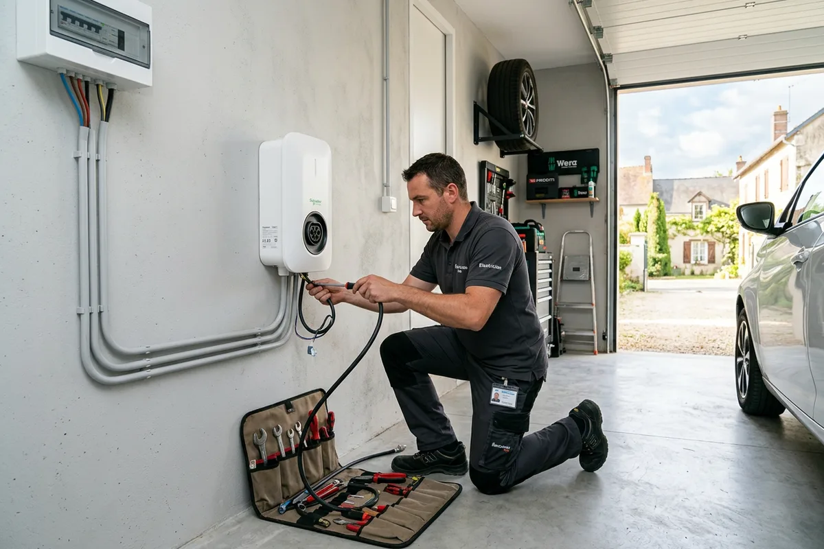 Installation borne de recharge pour véhicule électrique dans un garage résidentiel à Pradines