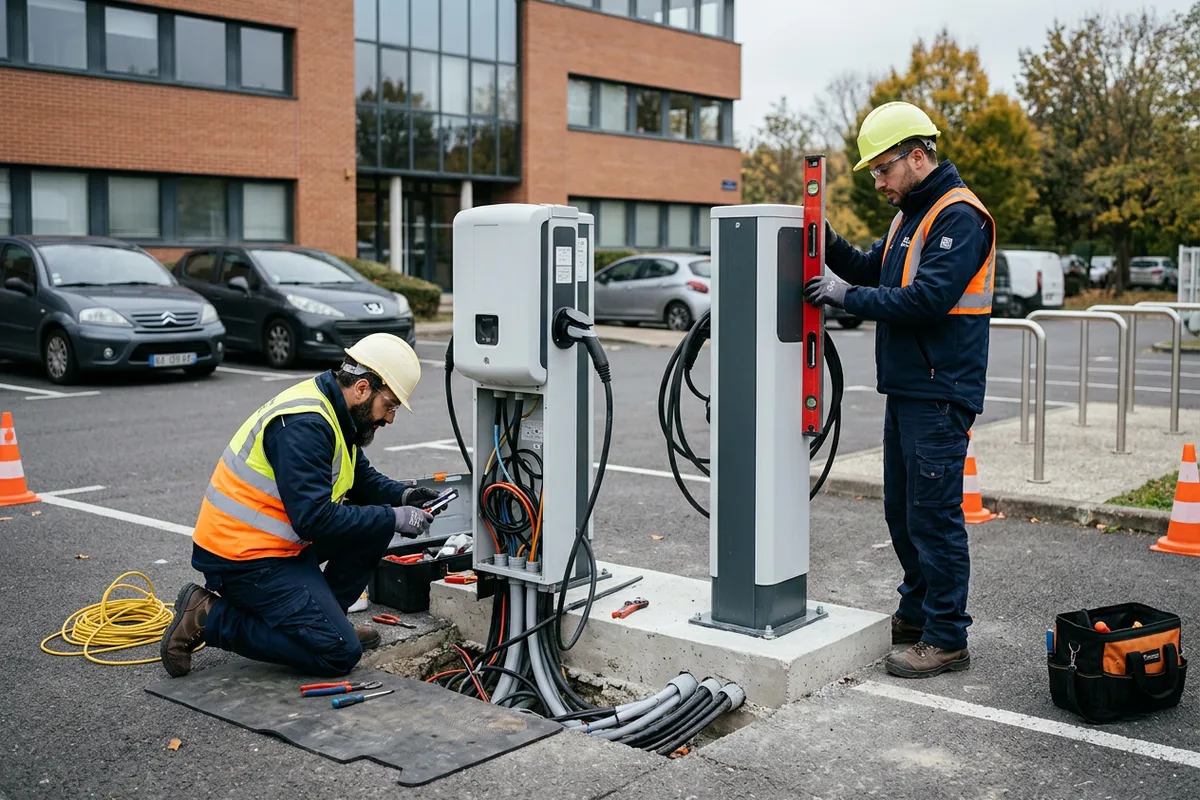 Équipe d'électriciens qualifiés pour l'installation borne de recharge en entreprise à Roanne
